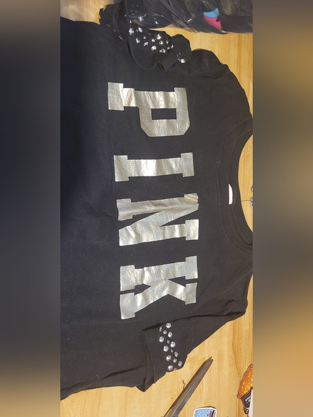 PINK Victoria's Secret Black Short Sleeve Tee with Silver Logo & Studs onSleeves